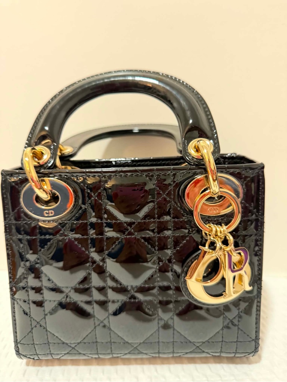Dior Black Patent Lady Dior Mini Bag with Gold Hardware - Picture 6 of 7